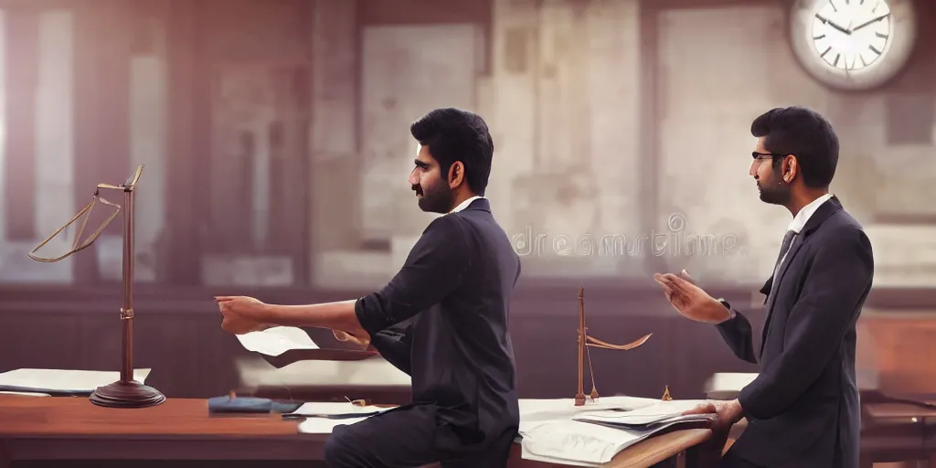 Prompt: young indian struggling lawyer performing for his clients in indian trial court, unreal 5, hyperrealistic, realistic, photorealistic, dynamic lighting, highly detailed, cinematic landscape, studio landscape, studio lighting