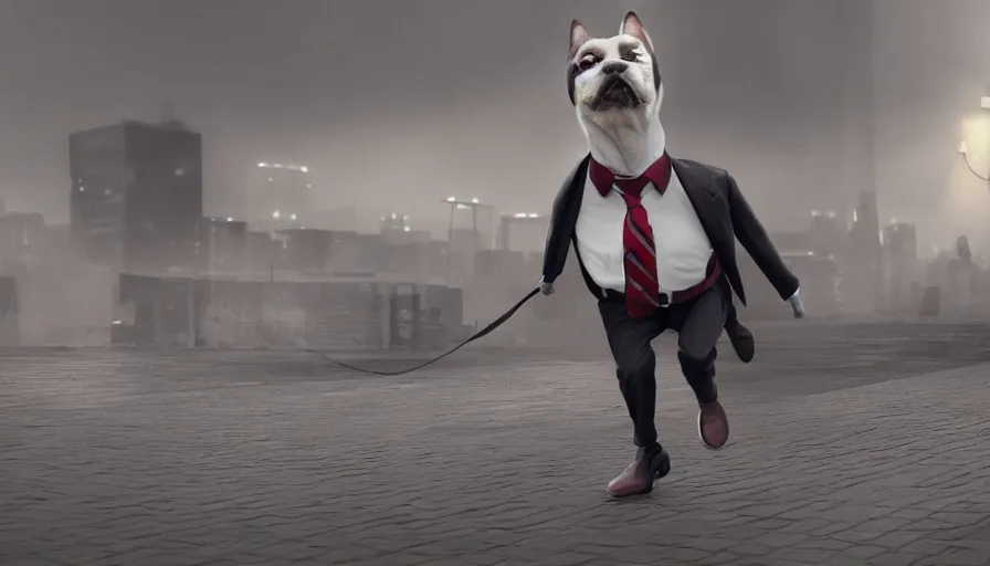 Prompt: a crazy dog in a suit going to work, artstation, cinematic, establishing shot