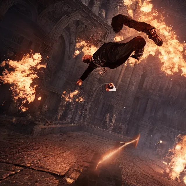 Image similar to tony hawk doing a backflip over a boss in dark souls, dark cinematic, volumetric, realistic, cinematic lighting, ray tracing, unreal engine 5, unreal engine render, octane render, hyper realistic, photo, 8 k