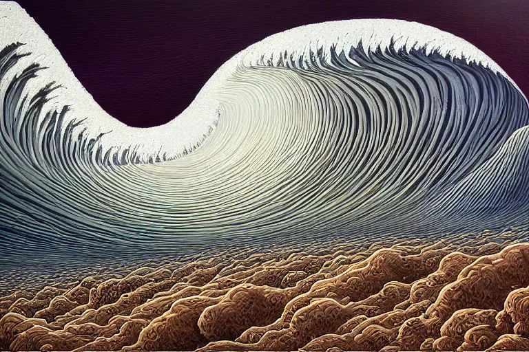 Prompt: the rains stopped and the ark comes to rest on mount ararat. incoming gigantic wave, by jeffrey smith, oil on canvas