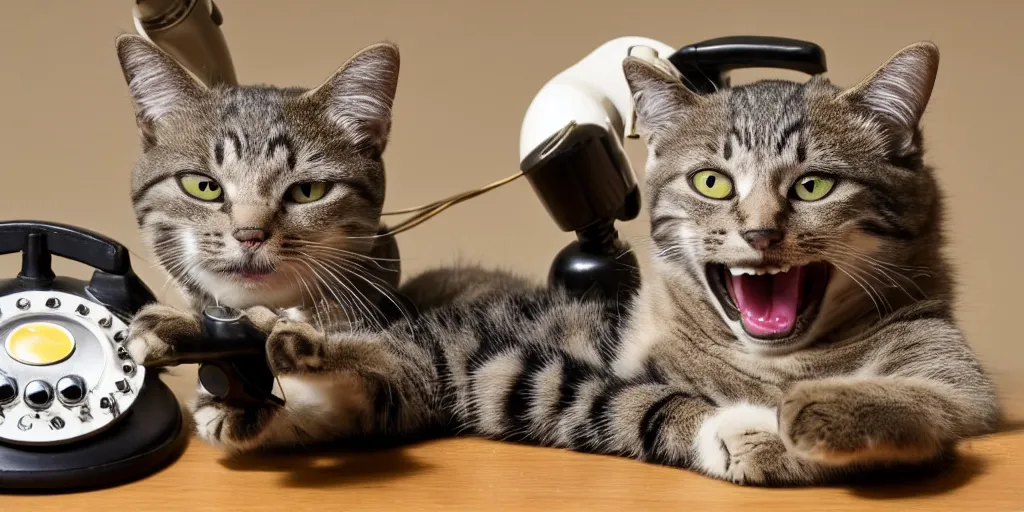 Image similar to photo of a cat laughing wide and hilariously into an old rotary phone that it is holding with its paw to its face. interior home office, at computer deist and keyboard and monitor, tec - supportt, it help, frustration, spilling coffee everywhere