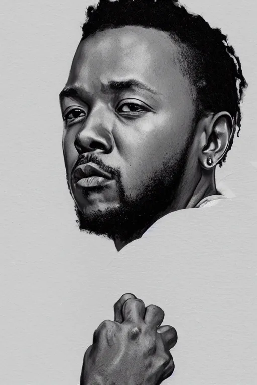 Image similar to ultra realistic kendrick lamar drawing, background is white and blank, elegant, highly detailed, digital painting, concept art, smooth, sharp focus, illustration, art by greg rutkowski and alphonse mucha