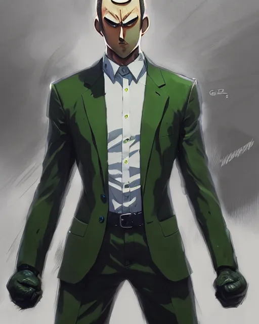 Image similar to gigachad luigi as one punch man in a suit, fantasy character portrait, ultra realistic, concept art, intricate details, highly detailed by greg rutkowski, ilya kuvshinov, gaston bussiere, craig mullins, simon bisley