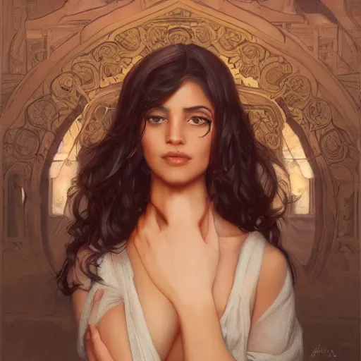 Image similar to A seductive twenty year old Mesopotamian witch in training, fully clothed, brown skinned, in a major Mesopotamian city, portrait, highly detailed, digital painting, artstation, concept art, sharp focus, illustration, cinematic lighting, art by artgerm and greg rutkowski and alphonse mucha