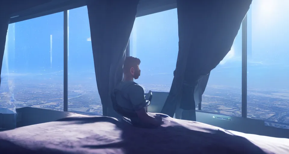 Image similar to moody sci-fi bedroom high up in the stratosphere with a man looking out his window at the world below, lens flare, atmosphere, glow, unreal engine 5, full of color, trending on artstation, ultra high detail, ultra realistic, cinematic, focused, 8k