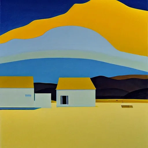 Image similar to dreaming futuristic rural landscape with modern houses, painted by Alex Katz and Edward Hopper, airbrush, highly detailed