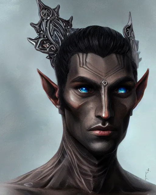 Prompt: portrait of a handsome male dark elf, obsidian skin, fantasy, intricate, elegant, highly detailed, digital painting, artstation, concept art, sharp focus, illustration