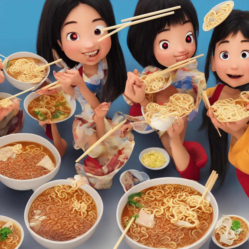 Image similar to Two happy beautiful girls holding chopsticks and eating a bowl of ramen, hyper realistic, insane detail, Pixar