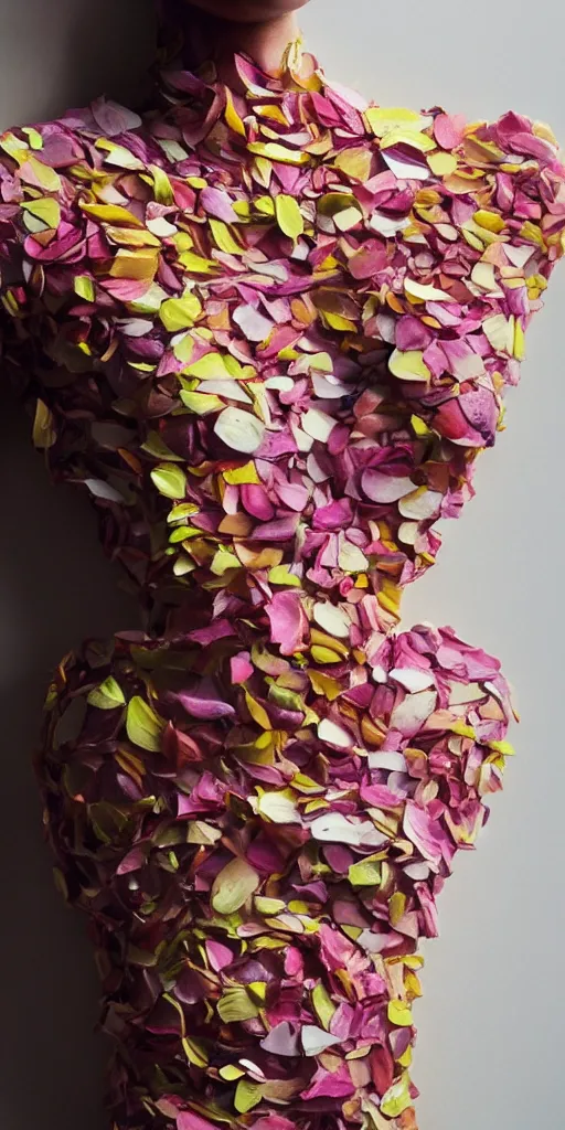 Prompt: a closeup photograph of a beautiful human body, skin made of flower petals, no face, highly detailed, hyperrealism