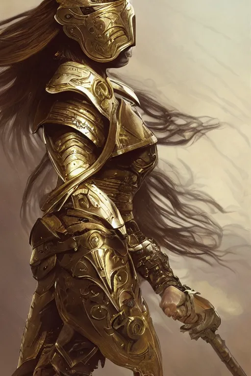 Image similar to an attractive female warrior, ornate metallic helmet, battle armor, olive skin, long dark hair, beautiful bone structure, elegant, highly detailed, digital painting, trending on Artstation, concept art, smooth, sharp focus, illustration, art by artgerm and greg rutkowski and alphonse mucha