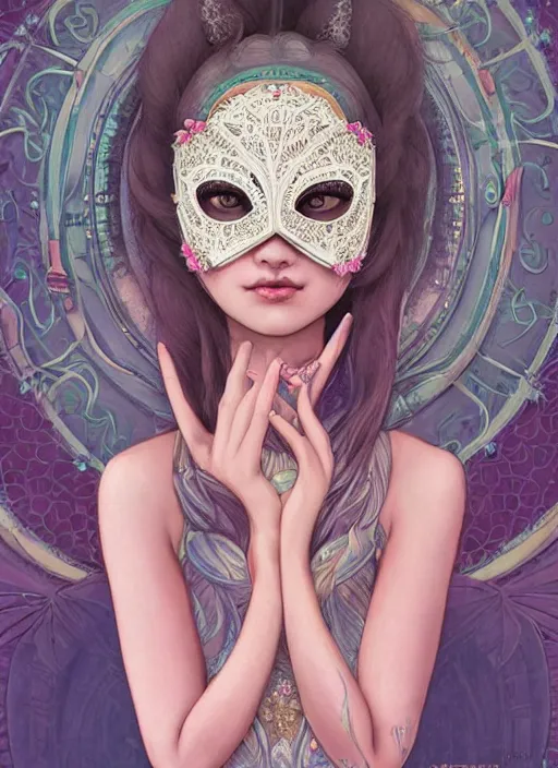 Image similar to “ an adorable woman wear beautifull intricate mask, lolitadress, pastel color, iridescent, highly detailed, tarot card featured on artstation, cgsociety, artgerm, clear symmetrical face, by moebius, kelly mckernan, skeeva and tom bagshaw, 8 k, intricate details, fantasy, character design, concept art ”