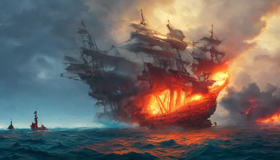 Prompt: A highly detailed matte painting of pirate ship battle in the ocean, pirate ship on fire, huge fire smoke and explosions, by Studio Ghibli, Makoto Shinkai, by Greg Rutkowski, by Artgerm, by beeple, volumetric lighting, octane render, 4K resolution, trending on artstation, masterpiece