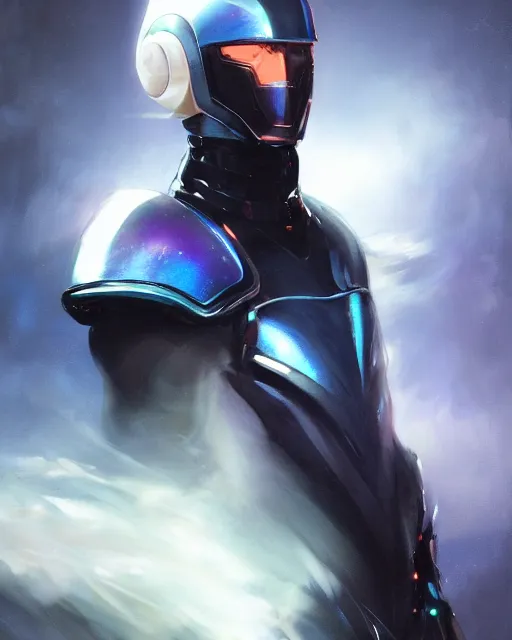 Image similar to character art of iridescent sinewy smooth muscular male sleek glossy bluish black pearlescent scifi armor with smooth black featureless helmet, by greg rutkowski, mark brookes, jim burns, tom bagshaw, magali villeneuve, eve ventrue, trending on artstation