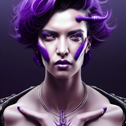 Image similar to woman with extremely large and intricate haircut with angry purple eyes and slim features looking askance, eye cyberpunk bionics, retro futurist style, intricate, elegant gleaming intricate baroque jewelry, angelic halo, highly detailed, digital painting, artstation, concept art, smooth, sharp focus, illustration, art by wlop, mars ravelo and greg rutkowski,