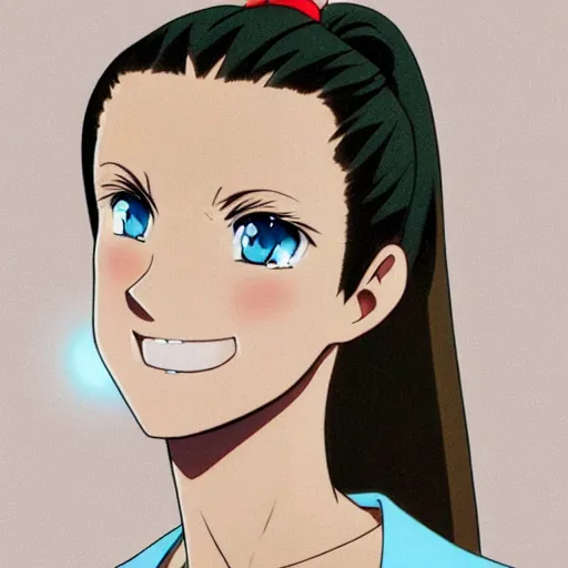 Prompt: A medium shot anime portrait of a happy light brown-haired brunette anime woman with blue eyes, hair tied back in a single short ponytail, parted light brown hair, bare forehead, blue-eyed, bright blue eyes, thick jawline, uniform teeth, big thick lips with a smirk, round face, big round nose, closed lips, wearing a t-shirt, solid blue background, by Stanley Artgerm Lau, WLOP, Rossdraws, James Jean, Andrei Riabovitchev, Marc Simonetti, and Sakimi chan, trending on artstation