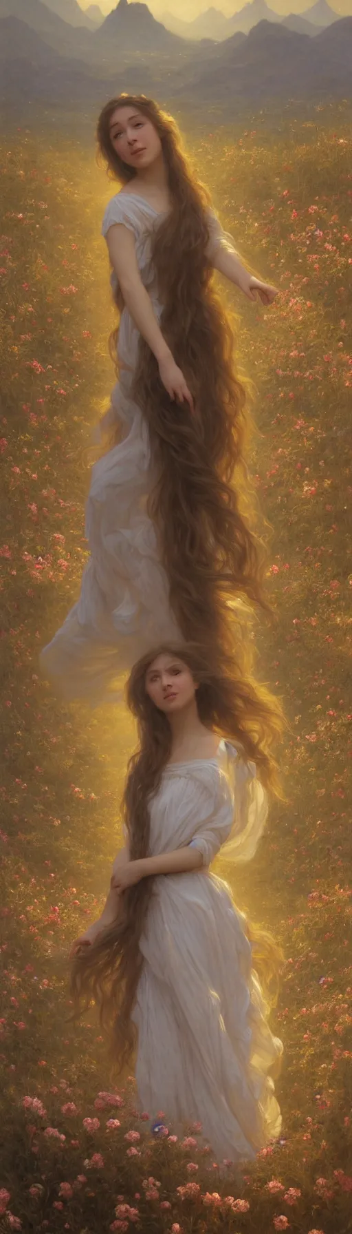 Image similar to oil painting portrait of a young woman with long flowing hair in a white dress, dancing through a field of flowers at sunset with mountains in the background, hazy, chiaroscuro, artstation, cinematic, golden hour, digital art painting by greg rutkowski, william - adolphe bouguereau, hazy atmosphere, flowers, cinematic lighting