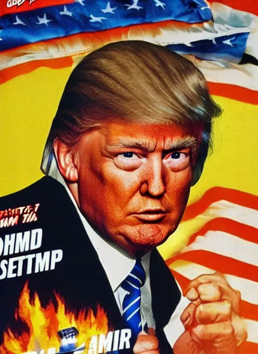 Image similar to an 8 0's john alvin action movie poster of donald trump starring in trumpster fire. explosions.