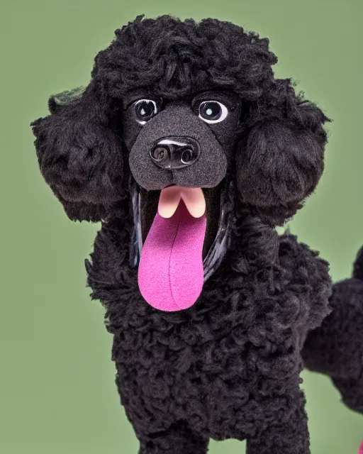 Prompt: a black poodle dog as a muppet playing fetch. highly detailed felt. hyper real photo. 4 k.