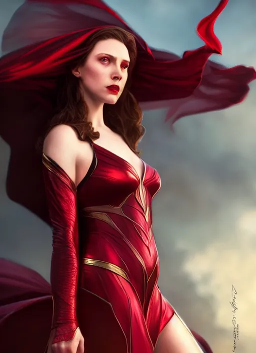 Image similar to Scarlet Witch as Lucifer morningstar, portrait, full body, hyper realistic, trending on artstation, art by wlop and J. C. Leyendecker and Edmund Bliar Leighton and Charlie Bowater, unreal engine render, octane render