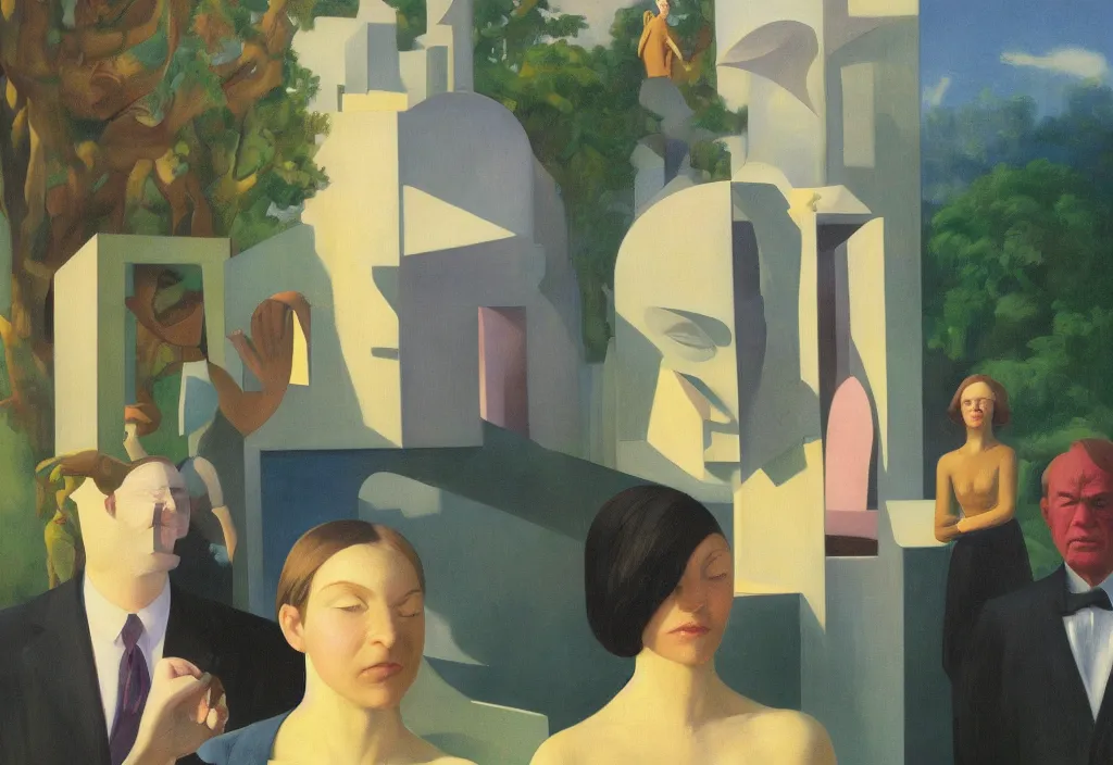 Prompt: three of people pictured in afternoon light, background of surreal architecture with an open ceiling, trees and absurd objects : : close - up of the faces, surrealist oil painting by edward hopper, dora maar and rene magritte