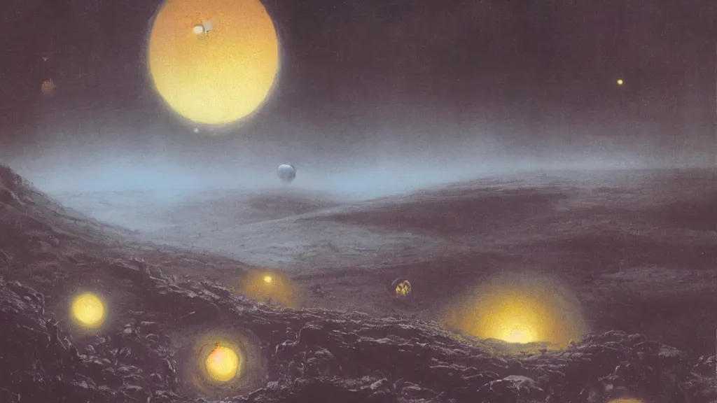 Image similar to eerie atmospheric alien planet by paul lehr and jack gaughan and john schoenherr, epic cinematic matte painting