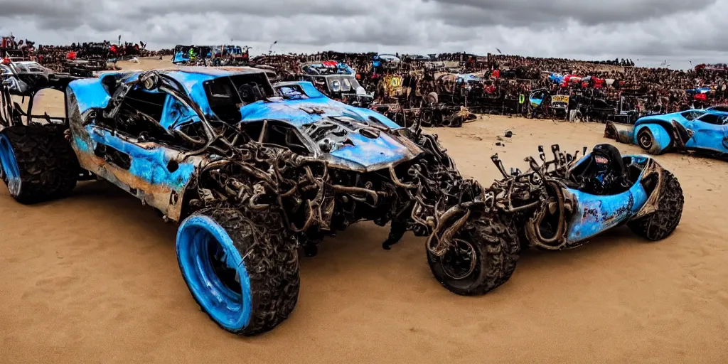 Prompt: the most craziest extreme mad max style car race in history, along a beach in cornwall, really extreme cyberpunk brutal racing machines, gritty, crash, custom fighting speed machines, spectators, smoke, dust, waves, cloudy blue sky