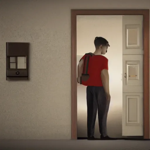 Image similar to the last person on earth gets a knock on their door, hyperrealistic