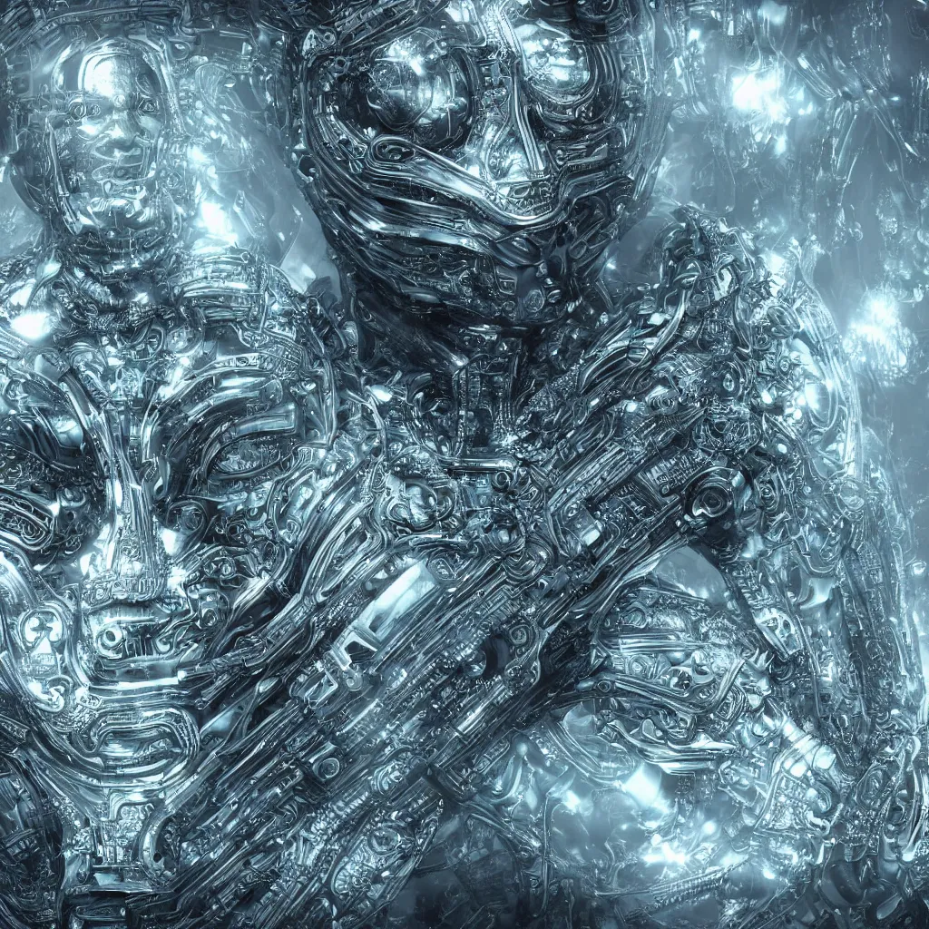 Image similar to an insanely detailed cibernetic artwork of a futuristic artificial intelligence superstar, extremely detailed water texture, centered image, perfectly symmetrical alien face, with frames made of detailed fractals, octane render, 4k, insanely detailed, detailed grid as background, photorealistic digital art, hyper realism, high detail, cgi