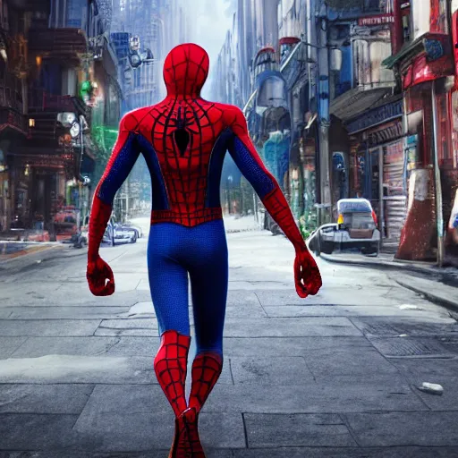 Image similar to the back of the spiderman standing in the streets of a fantastical fantasy city, extremely detailed and photorealistic, 8k