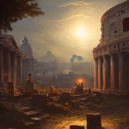 Prompt: Glowing bright UFO at the Plunder of Ancient Rome , by Greg Rutkowski and Thomas Kinkade, trending on artstation 4k, dramatic lighting, intense.