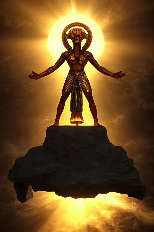 Image similar to the god horus invoking the energies of the sun, thelema, atmospheric, wide perspective, dramatic lights, micro details, grand composition, cinematic look, detailed, humidity, dust particles, photo real, ultra detailed, 8 k render, hyperrealistic octane render trending on artstation