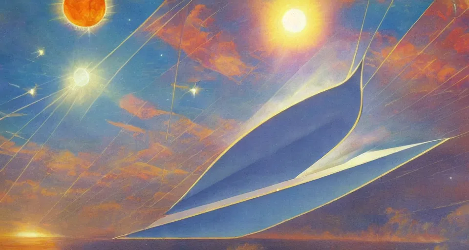 Image similar to giant solar sail, floating in space between the sun and earth, art deco painting