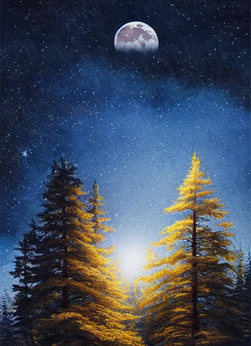 Image similar to stars, moon, golden shores, spruce trees, beauty, sharp focus, 8 k high definition, insanely detailed, intricate, elegant, art by stanley lau and artgerm, floating embers