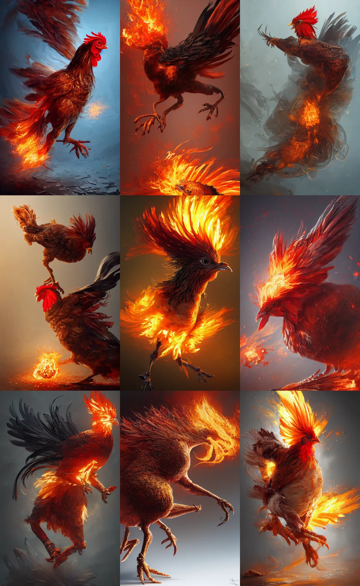 Prompt: chicken with flaming feathers, running, intricate, elegant, highly detailed, digital painting, artstation, concept art, sharp focus, illustration, aleksi briclot, rutkowski