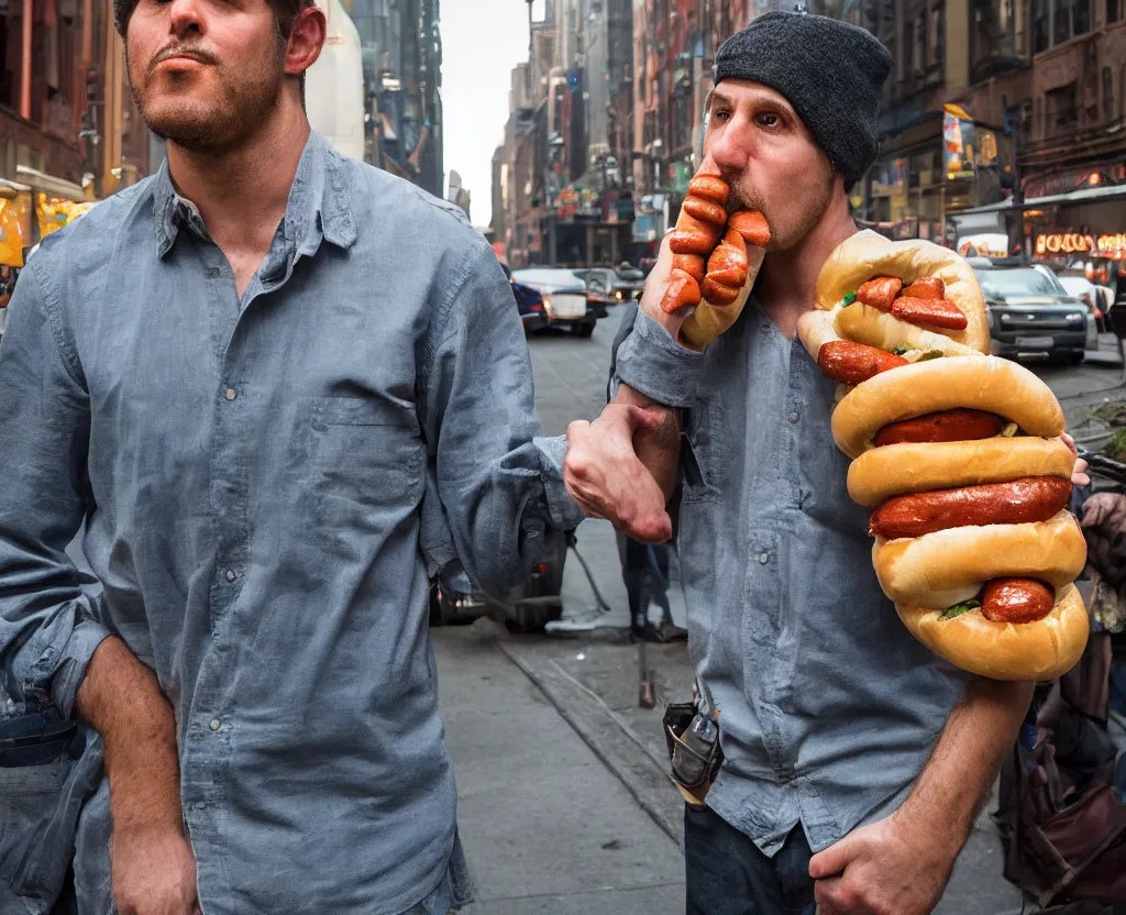 Image similar to closeup portrait of a man carrying a giant hotdog, smoky new york back street, by Annie Leibovitz and Steve McCurry, natural light, detailed face, CANON Eos C300, ƒ1.8, 35mm, 8K, medium-format print