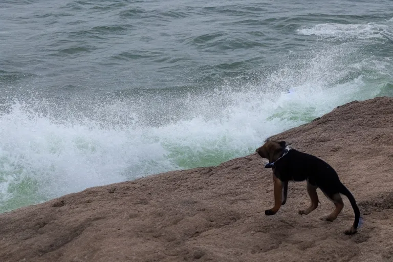 Image similar to a puppy is looking directly at the wavy water current below it while it stands at an edge of a cliff