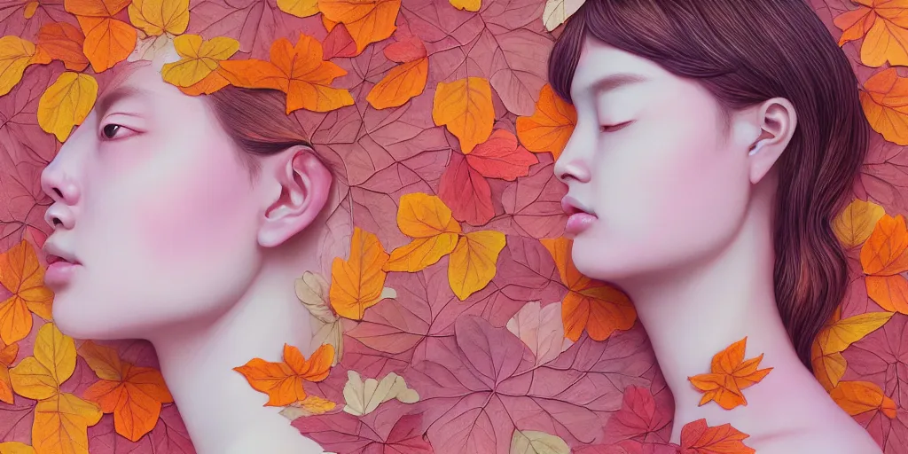 Image similar to breathtaking detailed pattern pastel colors of a woman made of autumn leaves, by hsiao - ron cheng, bizarre compositions, exquisite detail, 8 k