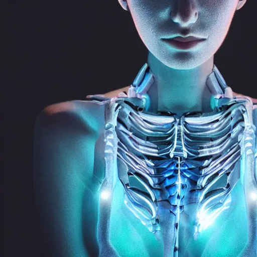 Prompt: beautiful Fine art photography of a solarpunk half robot half human girl with real human face, led lights over rib cage, highly detailed, photorealism, cinematic lighting 8k