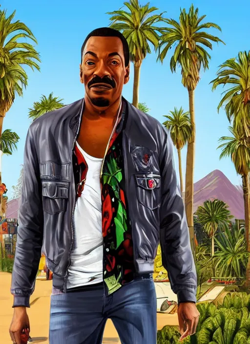 Prompt: eddie murphy gta v los santos in background, palm trees. in the art style of stephen bliss.