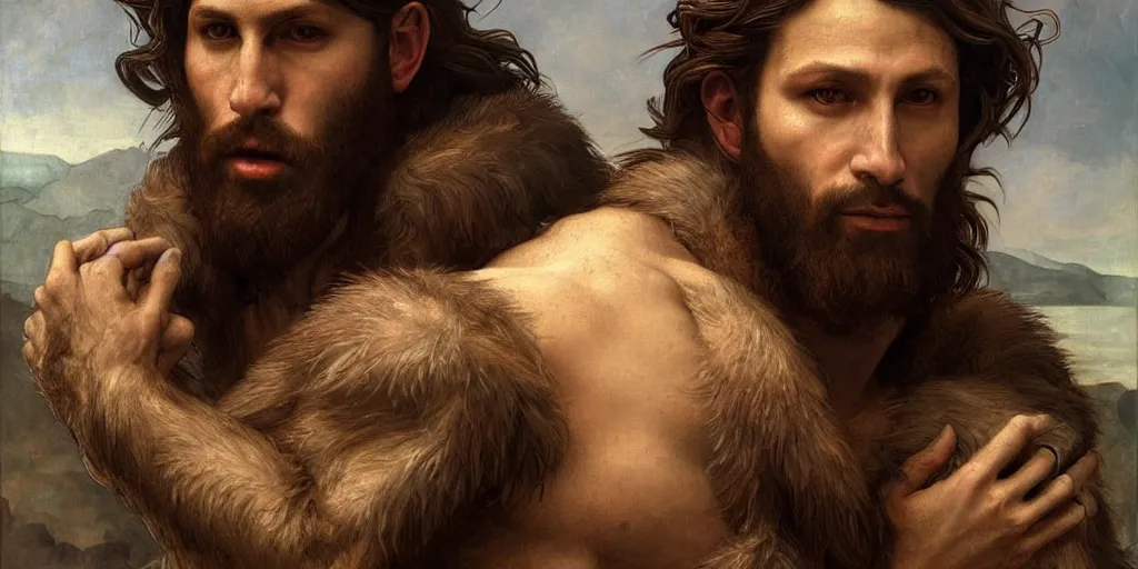 Image similar to renaissance painting portrait of a gruff ranger with a wolf, lean and toned, handsome face, hairy chest, Savage Worlds, intricate, elegant, highly detailed, digital painting, artstation, concept art, matte, sharp focus, illustration, art by da Vinci, Artgerm and Greg Rutkowski and Alphonse Mucha