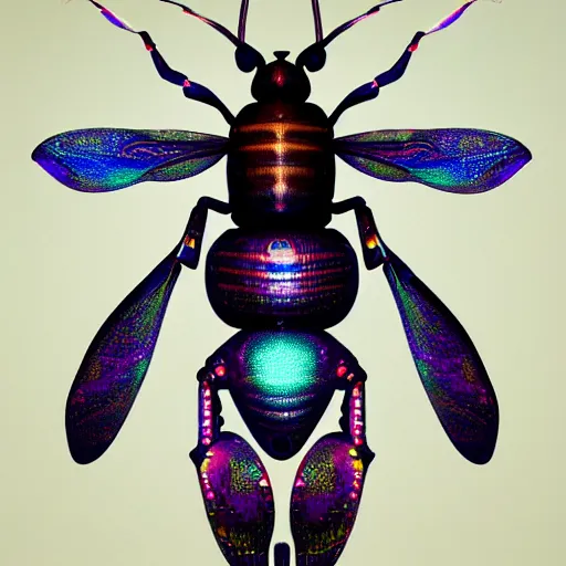 Prompt: a beautiful ultra detailed high resolution portrait of a humanoid ornate futuristic business bug bee wearing an elegant business outfit, 8 k, deep color, hyperrealistic, detailed, cryengine, by stalenhag and iris van herpen and beksinski, glowing dark rainbow dots, shoulders up,