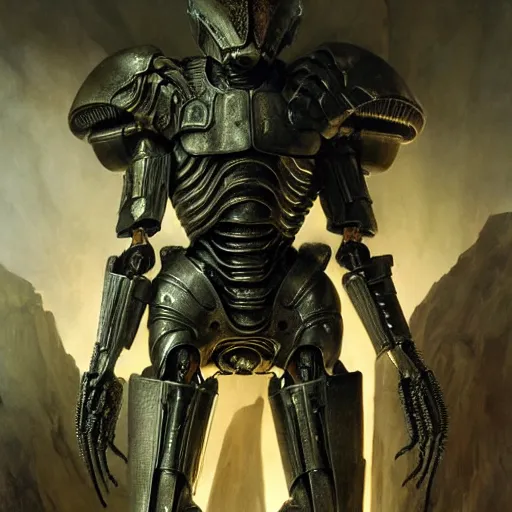 Image similar to still frame from Prometheus movie by giger, necron lord skorpekh editorial by Malczewski, biomechanical armoured knight by Wayne Barlowe, MTG card ornate complex artifact golem of annihilation by Alan merrett