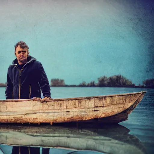 Prompt: realistic photo of a man standing in a small boat swimming in a sea of broken mirrors