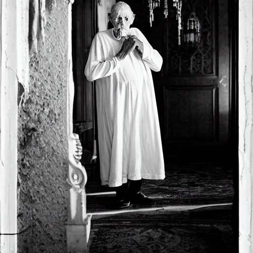 Image similar to count of durres, a 1 0 0 year very old man, dignified but aged face, night gown, hunched over, rare hair, black and white photography inside an old mansion