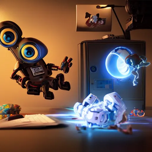 Prompt: promotional still wide my robot ate my homework and stole my candy, dramatic lighting, ( e. t. the extra - terrestrial ), batteries not included, harry potter, octane 3 d render, ue 5, imax, 7 0 mm.