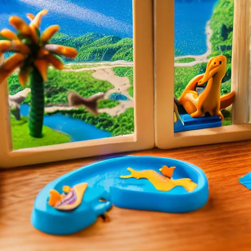 Image similar to dinosaur themed polly pocket playset, sat on a wooden study desk in front of a window, god rays, dust particles, photorealistic, aesthetic shot, worms eye view, macro camera lens, high definition, thematic, cinematic, lens flare