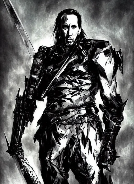 Image similar to Full body portrait of giant Nicholas Cage with a giant black blade. In style of Yoji Shinkawa and Hyung-tae Kim, trending on ArtStation, dark fantasy, great composition, concept art, highly detailed, dynamic pose.