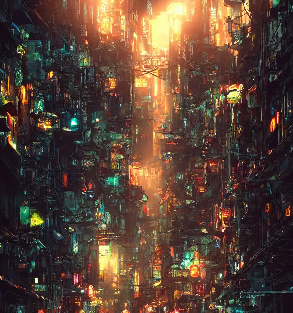 Image similar to back alley road in a cyberpunk metropolis, cinematic, highly detailed, octane render, rich cinematic atmosphere, perfect digital art, mystical journey in strange world, cyberpunk, sci - fi, surreal, glowing lights, sharp focus, high detailed, by akihiko yoshida, michael whelan and karol bak