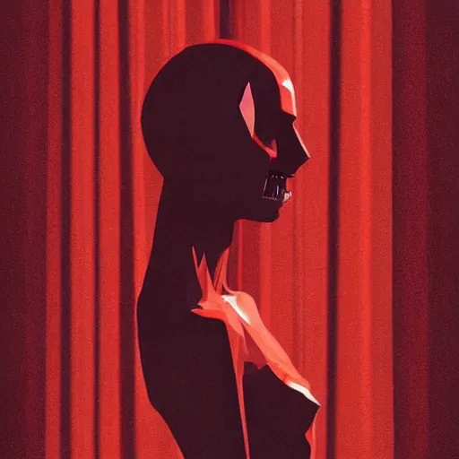 Image similar to pelham puppet surrounded by red curtains by Conrad Roset and Nicola Samuri, medium shot, rule of thirds, seductive look, beautiful, intricate, dystopian, sci-fi, extremely detailed, digital painting, artstation, concept art, smooth, sharp focus, intimidating lighting, incredible art, details visible, very dark ambiance