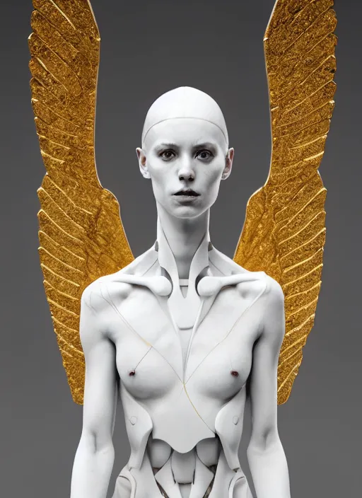 Image similar to a statue made of white marble with gold veins, of an beautiful gorgeous futuristic cybernetic angel athletic girl, prostheses, transhumanism, full body shot, perfect symmetrical body, perfect symmetrical face, hyper realistic, hyper detailed, by johannen voss, by peter kemp, by monia merlo, by michelangelo, octane render, blender, 8 k